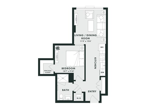Floor plan for 1 bed, 1 bath, 572 sqft
